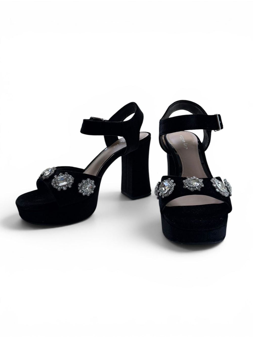 Copper Key Women Black Velvet Rhinestone Platform Block Heel Sandals Size 9 NWT - Picture 6 of 13